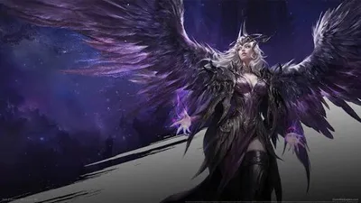 AION 2 artwork of a winged woman in dark armor against a purple night sky.