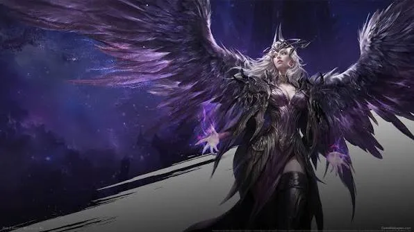 AION 2 artwork of a winged woman in dark armor against a purple night sky.